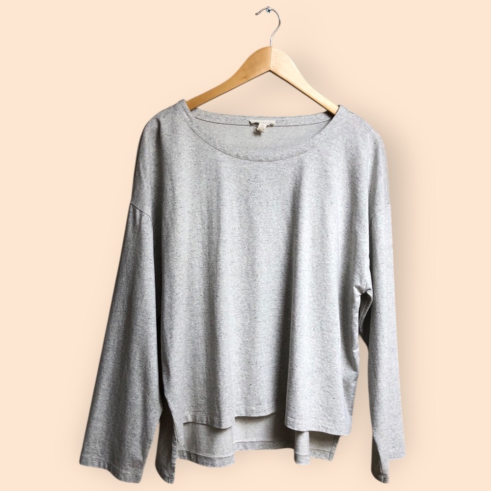 Eileen Fisher Organic Cotton Speckle Knit Jewel Neck Box Top Cream Women’s L